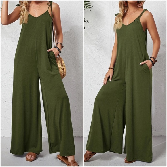 Pants - Boho Green Wide Leg Casual Jumpsuit